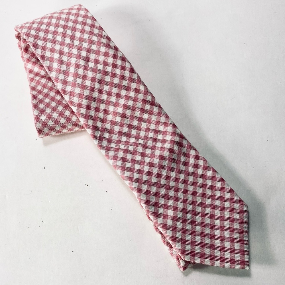 J. Crew Classic White Pink Checkered Pattern Silk Cotton Blend Thin Slim Tie